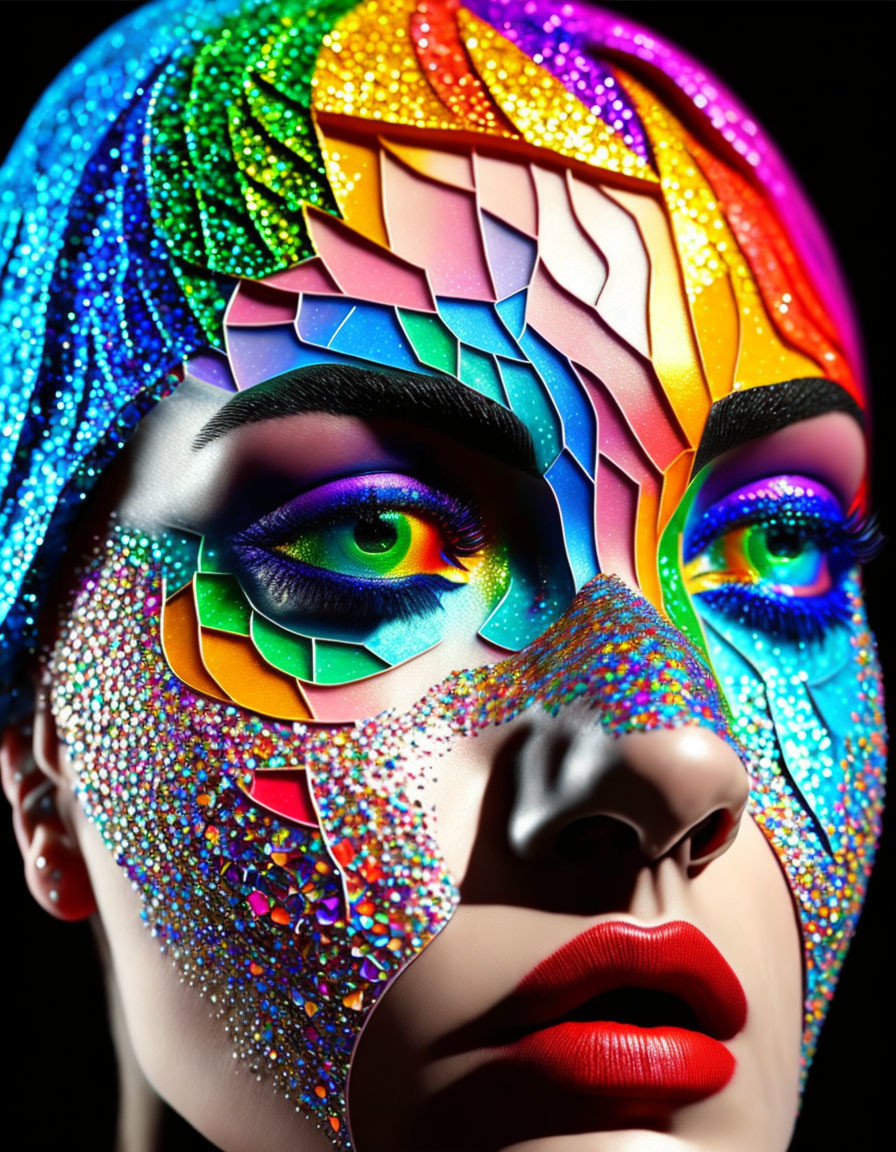 Colorful Geometric Makeup on Woman's Face in Dramatic Lighting