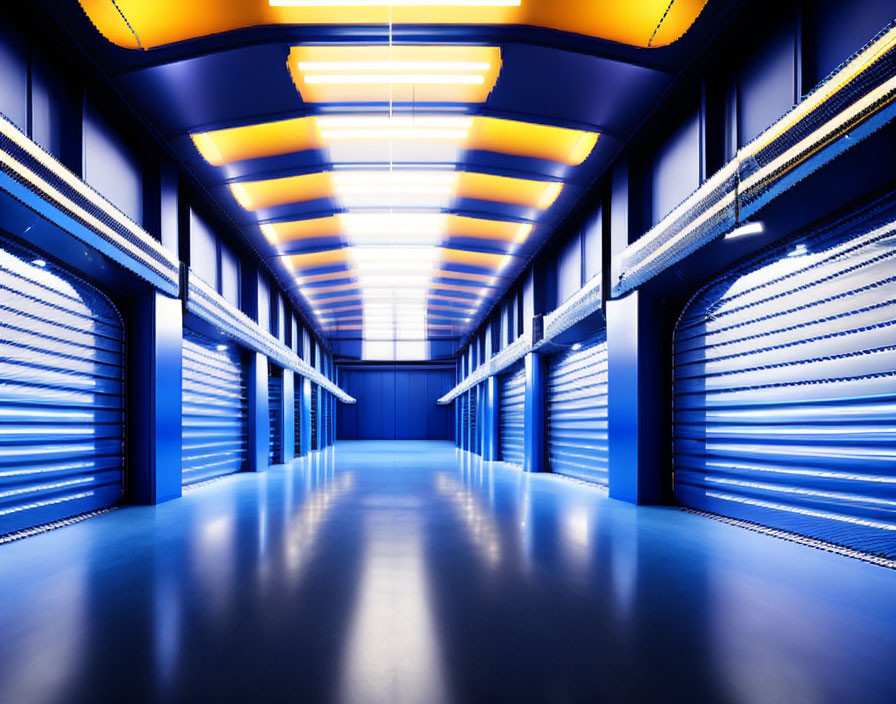 Futuristic corridor with blue lights and metallic shutter doors