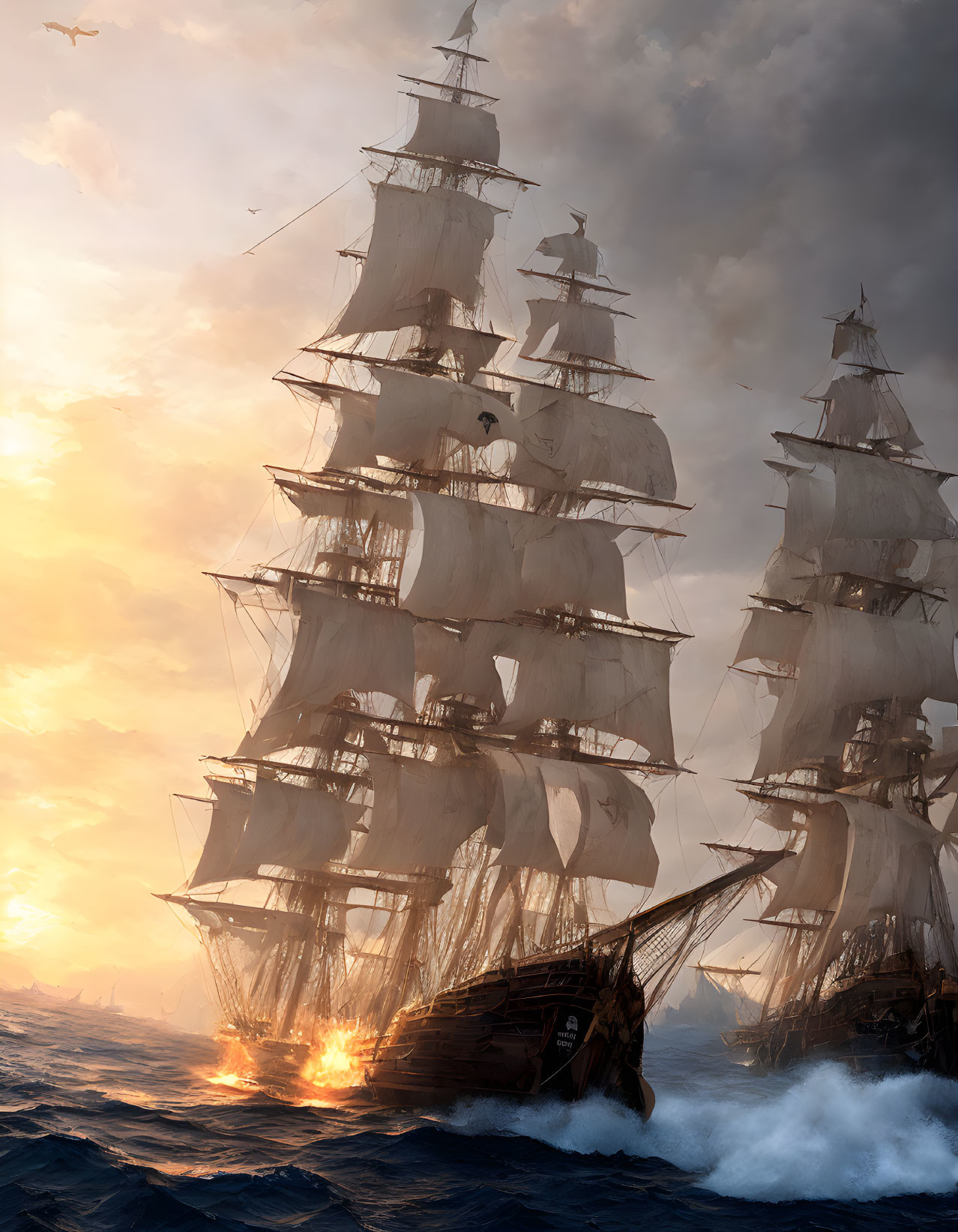 Historic tall ships in fiery sea battle at sunset with billowing sails.