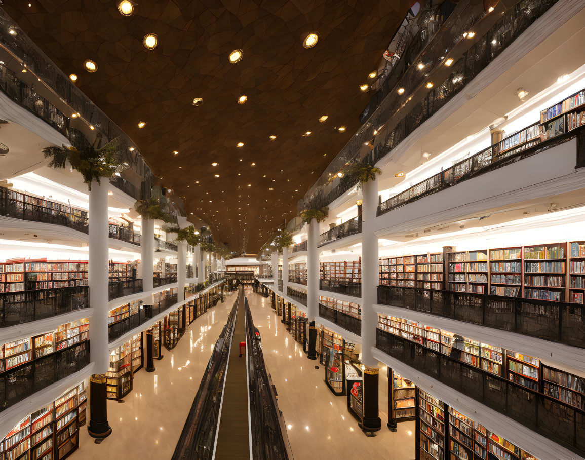 Modern Library Interior with Multiple Levels of Bookshelves and Escalators