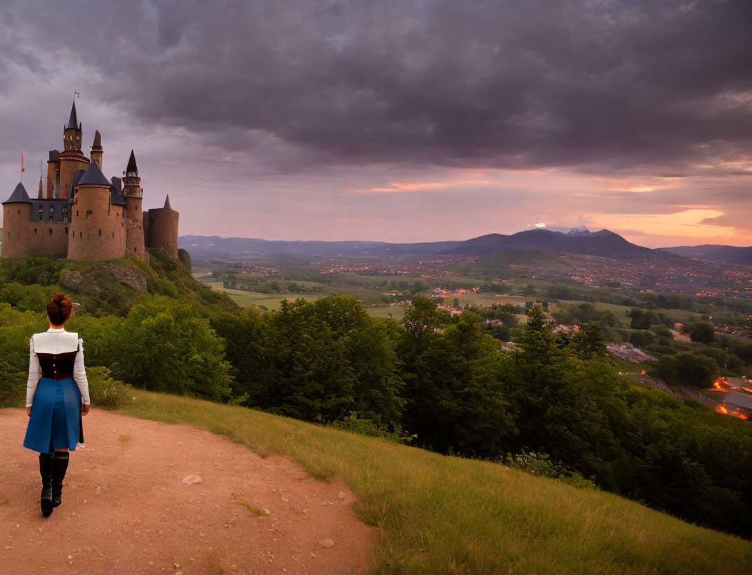 Woman admires castle on hill at sunset with town and mountains.