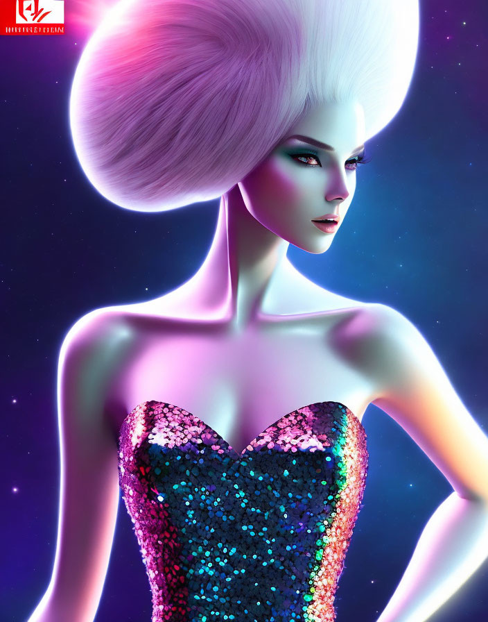 Character with futuristic white hairstyle and sequined top on gradient backdrop