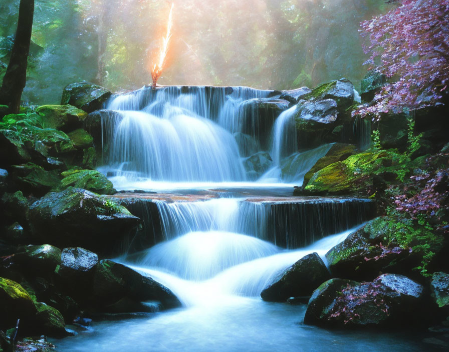 Tranquil forest waterfall with sunlight and mist