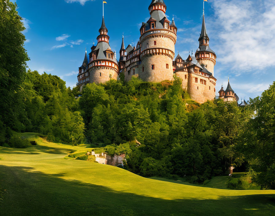 Castle with Multiple Spires on Green Hillside