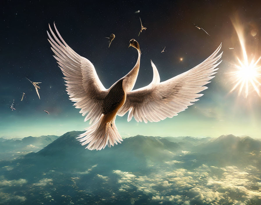 Swan flying above mountain landscape and sunlit clouds