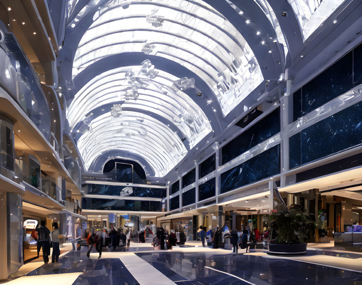 Indoor shopping mall with arched ceiling and multiple levels