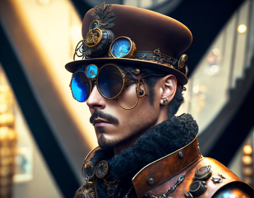 Steampunk man in decorated top hat and blue-lensed goggles