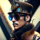 Steampunk man in decorated top hat and blue-lensed goggles