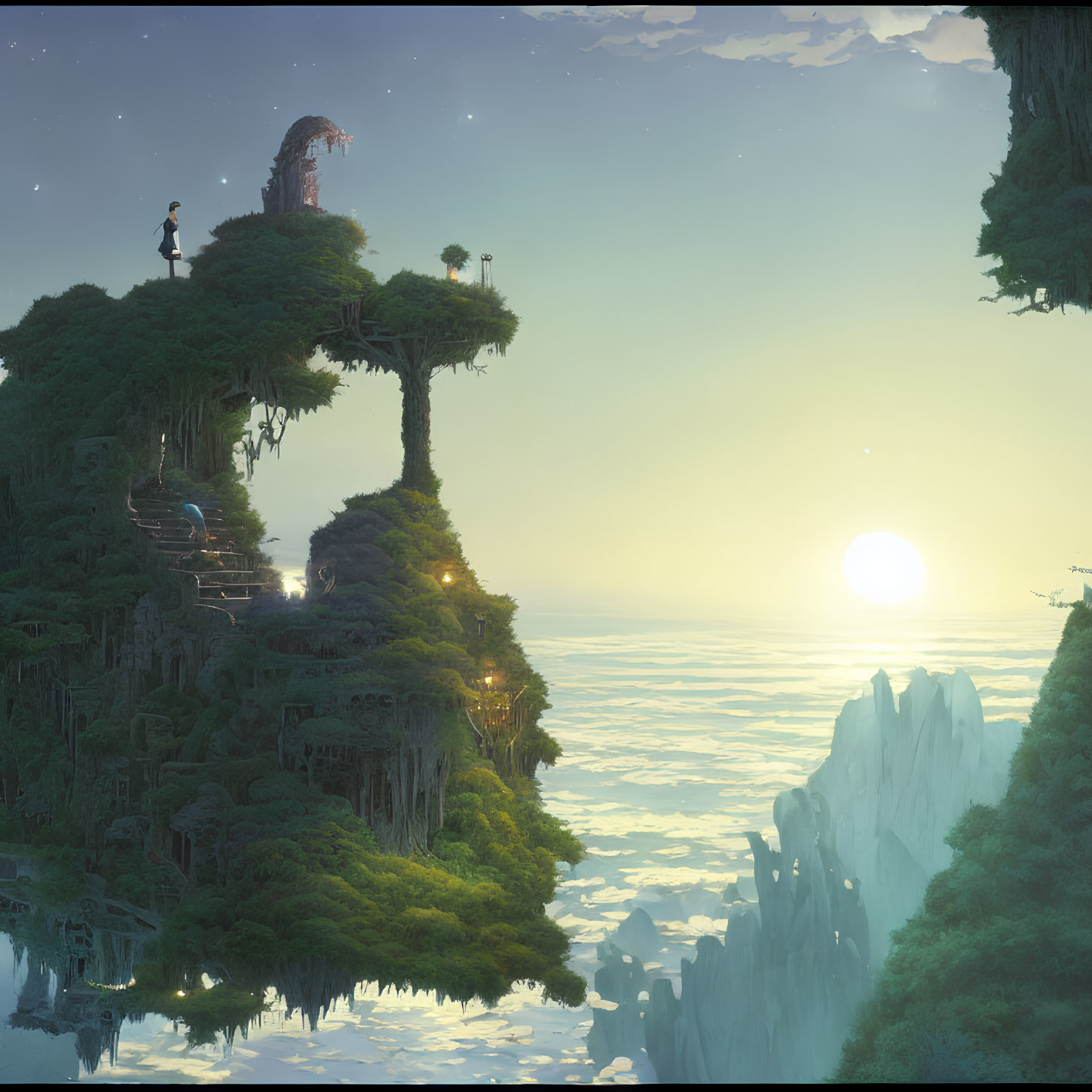 Fantasy landscape with tree islands above clouds at sunrise, figure gazing into distance