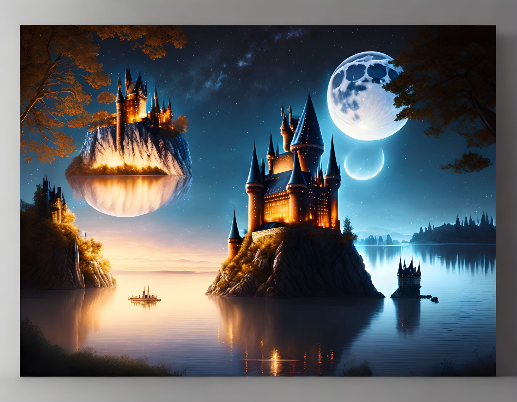 Majestic castle on cliff by serene lake under starry sky