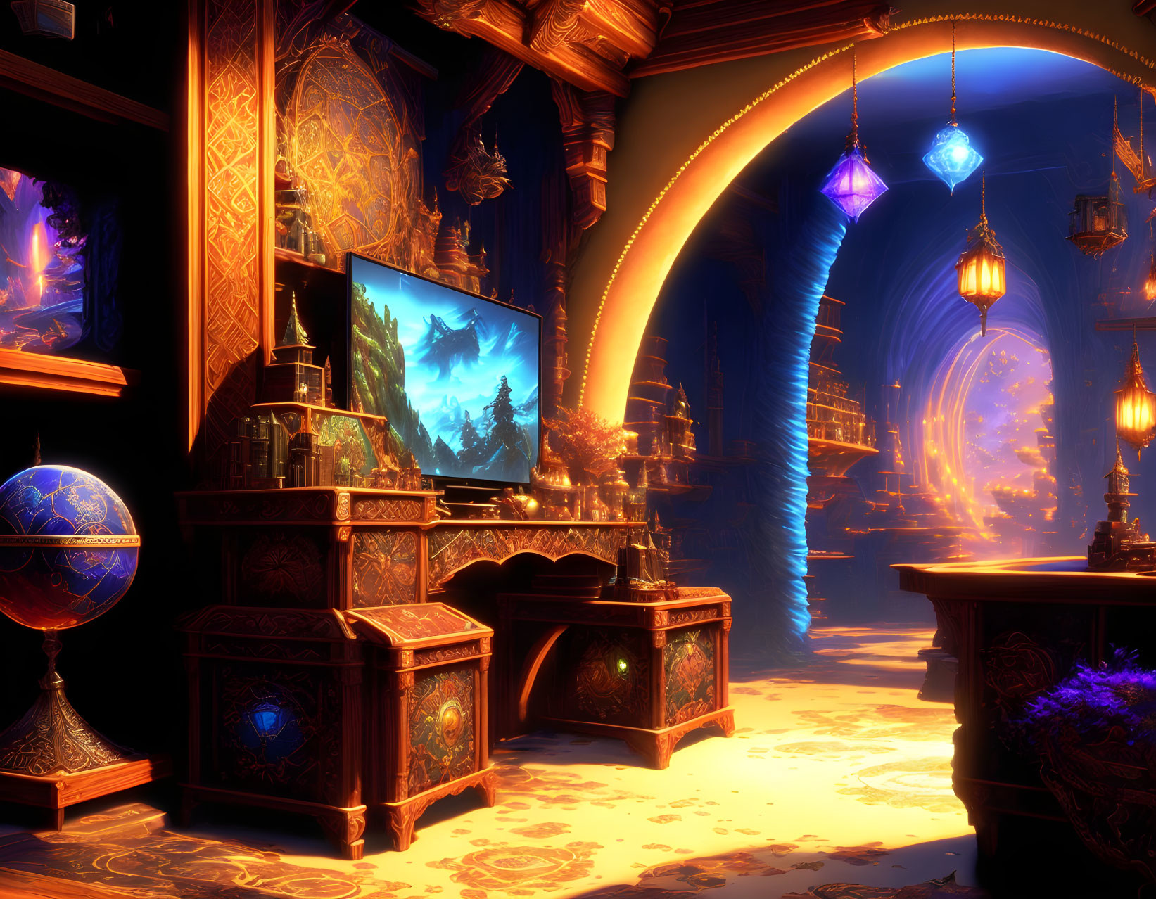 Fantasy library with glowing shelves and celestial globe.