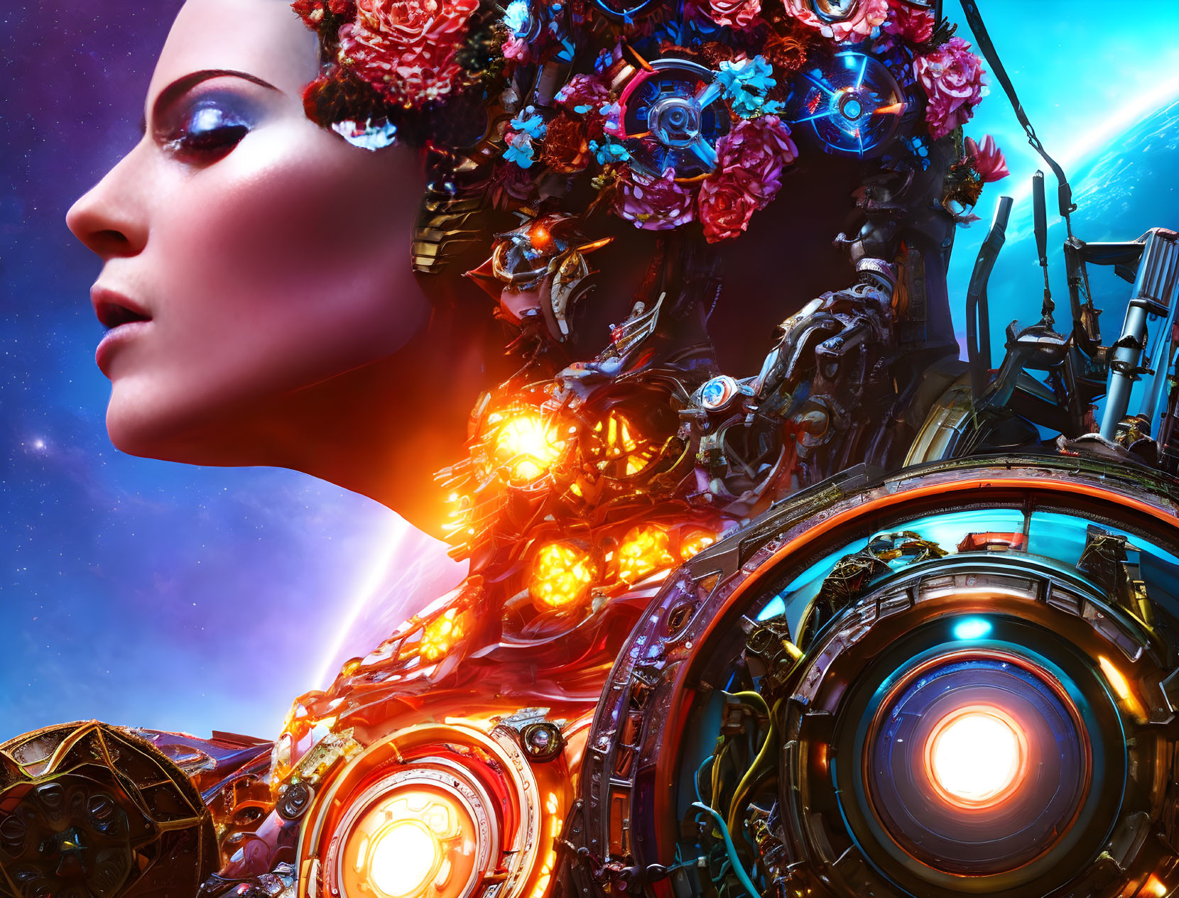 Futuristic female cyborg with floral head and mechanical parts in cosmic setting