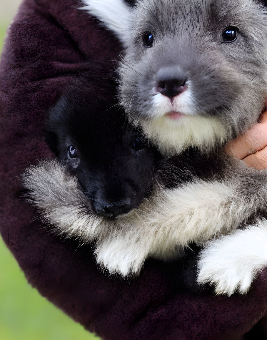 Fluffy bunnies cuddling in arms against green backdrop