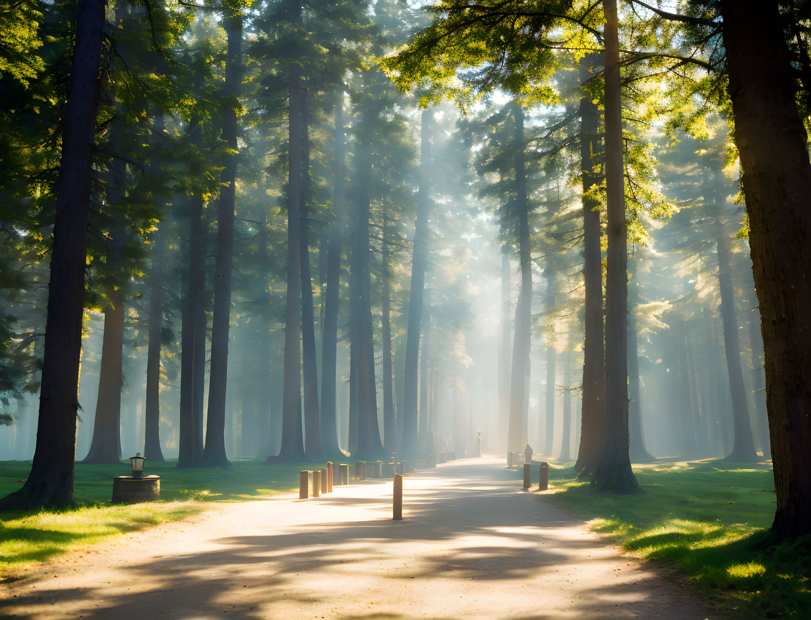 Tranquil Forest Path with Sunlight, Trees, and Benches