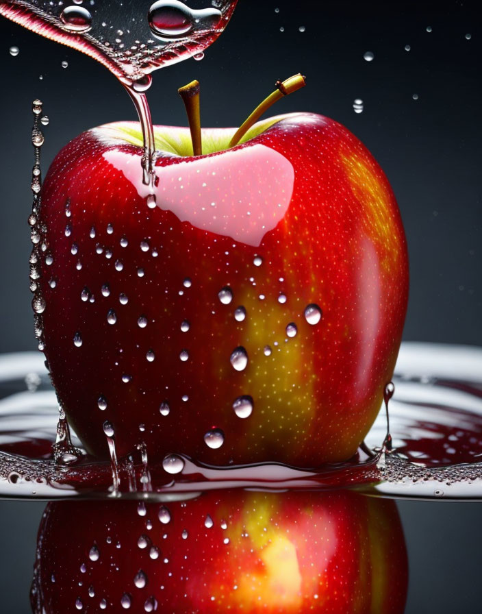 Fresh Red Apple with Water Droplets on Dark Background