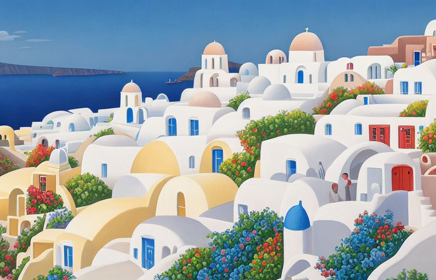 Greek Island Village Painting with Blue-Domed Churches and Colorful Flowers