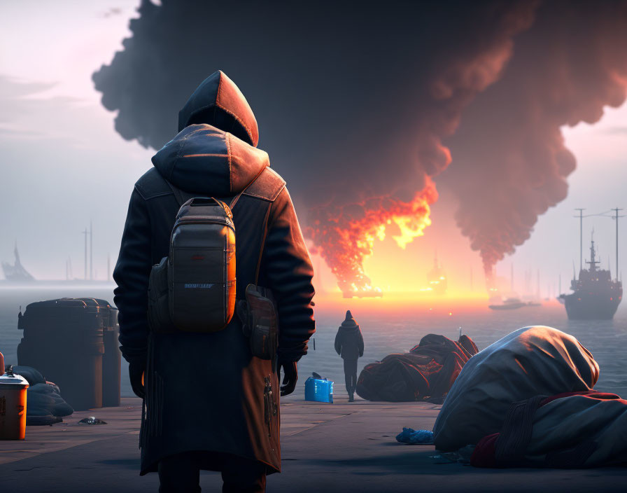Hooded figure watches fiery harbor explosion at sunset