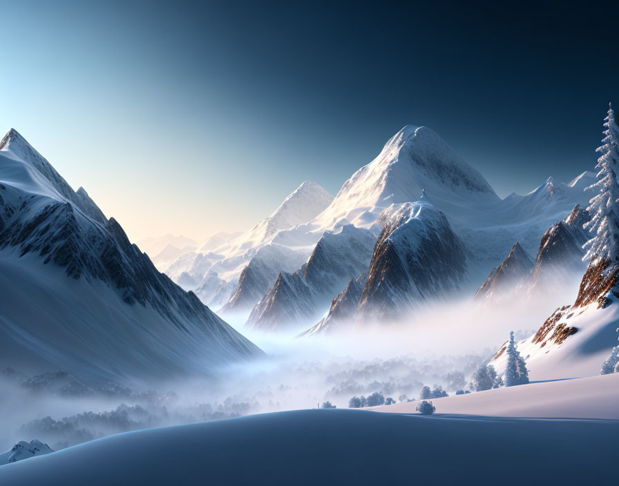 Majestic snow-covered mountains under blue sky with mist and forest.