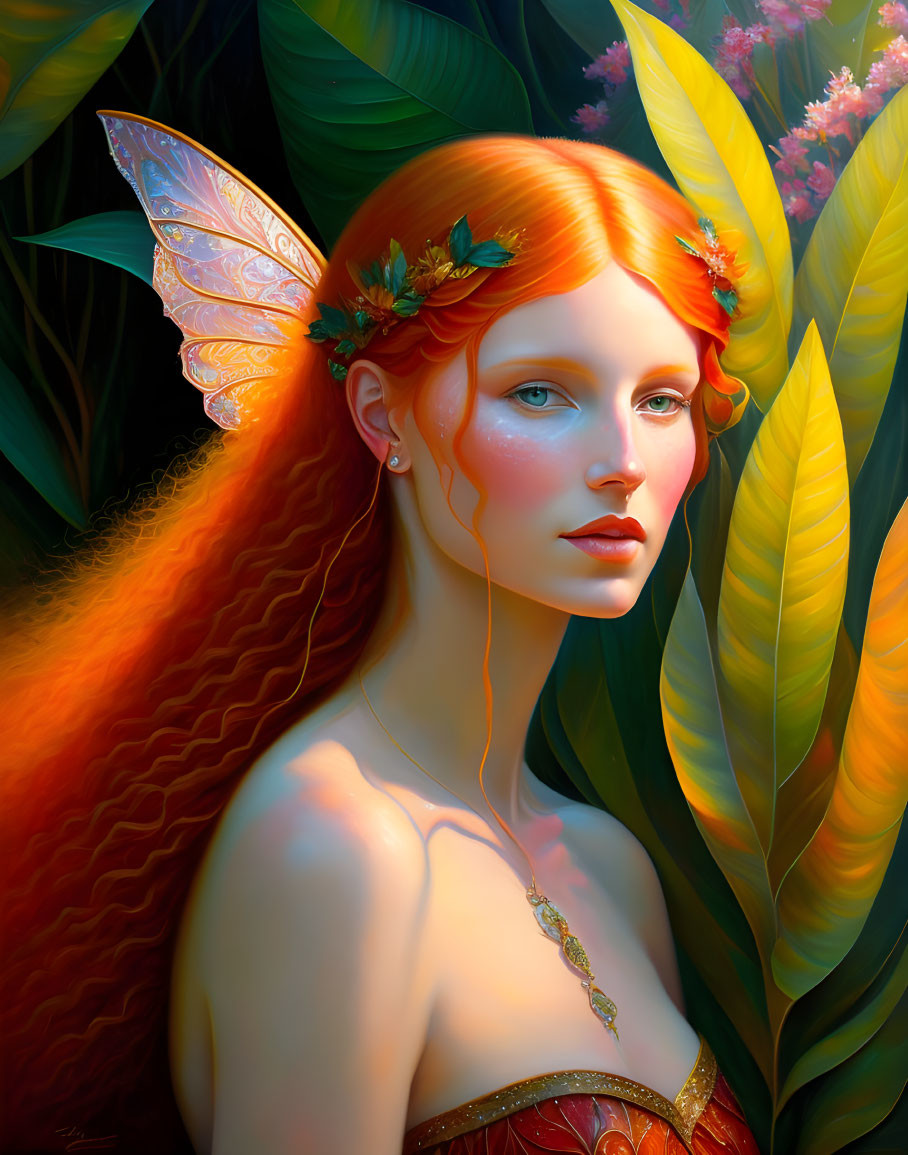 Mystical fairy digital artwork with red hair and floral crown