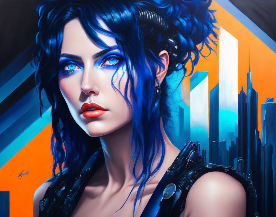 Digital Artwork: Woman with Blue Hair & Eyes on Geometric Cityscape Background