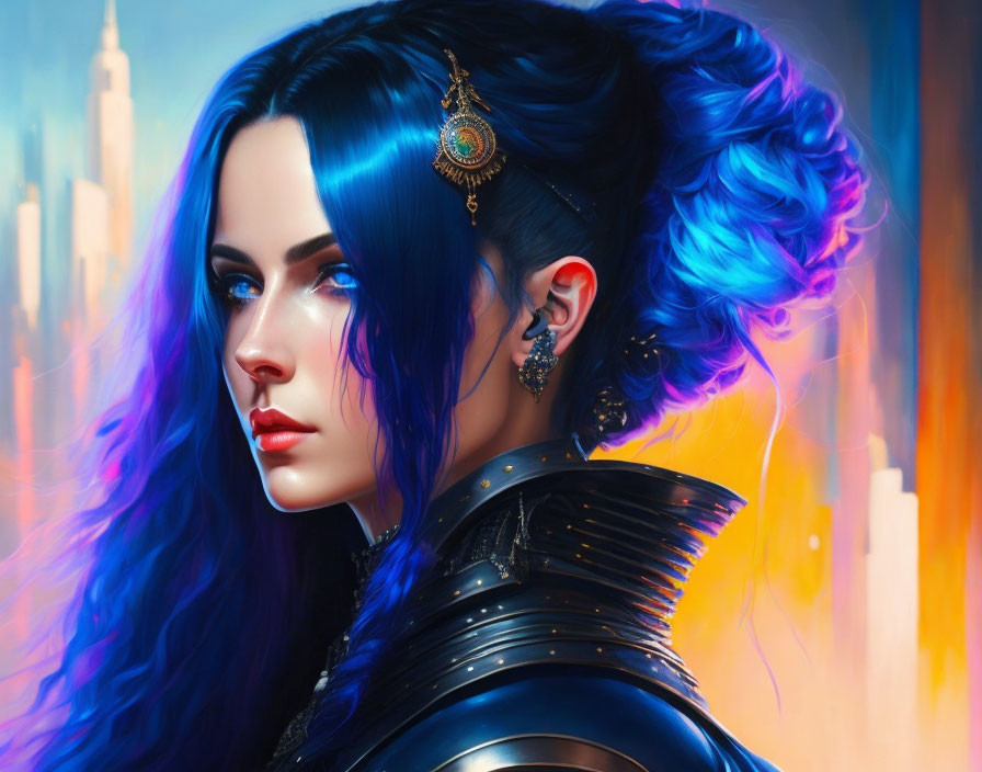 Vibrant blue-haired woman in futuristic armor against cityscape.