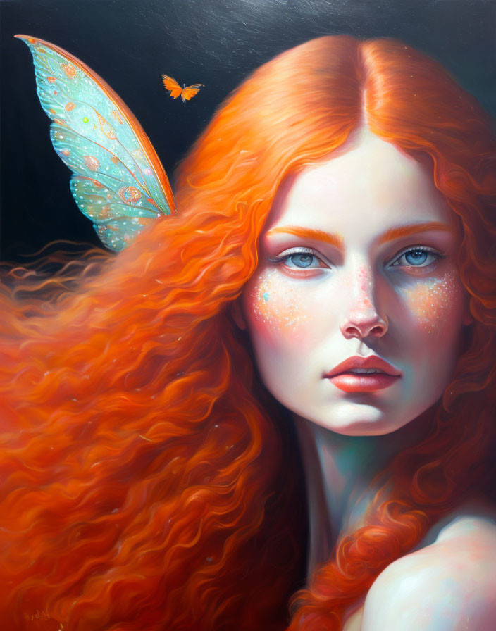 Portrait of woman with red hair, blue eyes, freckles, butterfly wings, and butterfly.