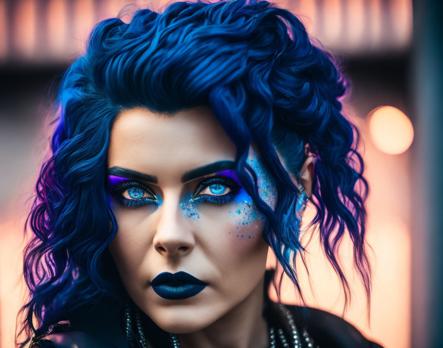 Vibrant blue hair and glitter makeup on intense woman