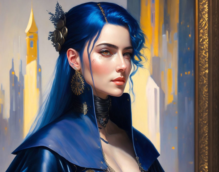 Vivid blue hair woman in fantasy castle backdrop