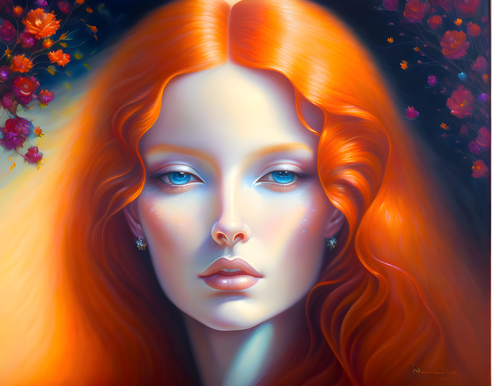 Fiery red-haired woman with blue eyes in orange blooms and blue backdrop