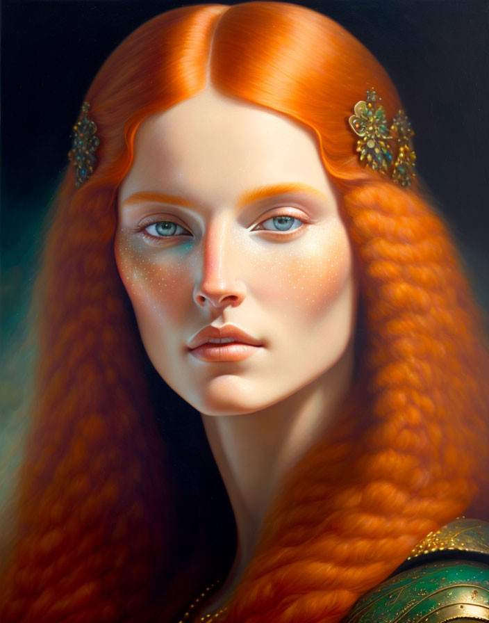 Portrait of Woman with Long Red Hair and Blue Eyes in Gold Hairpieces