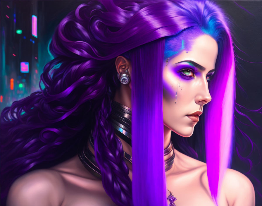 Digital Artwork: Woman with Purple Hair & Green Eyes in Neon Urban Setting