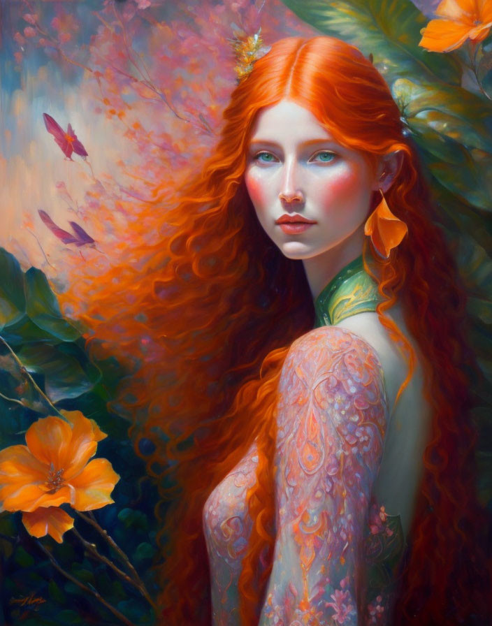 Portrait of Woman with Red Hair Surrounded by Flowers and Lace