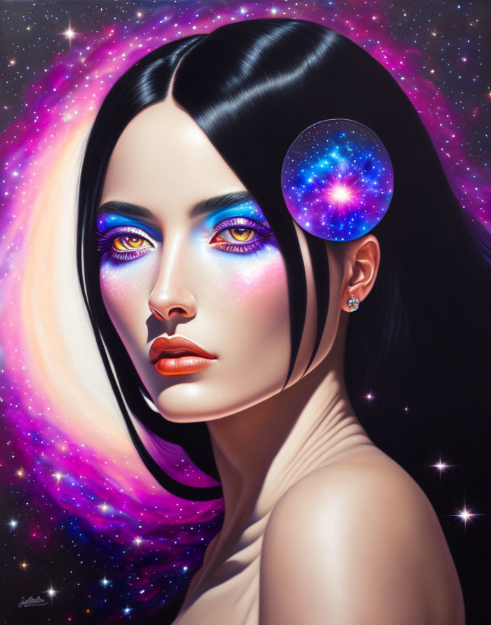 Cosmic-themed makeup portrait with celestial reflections in eyes