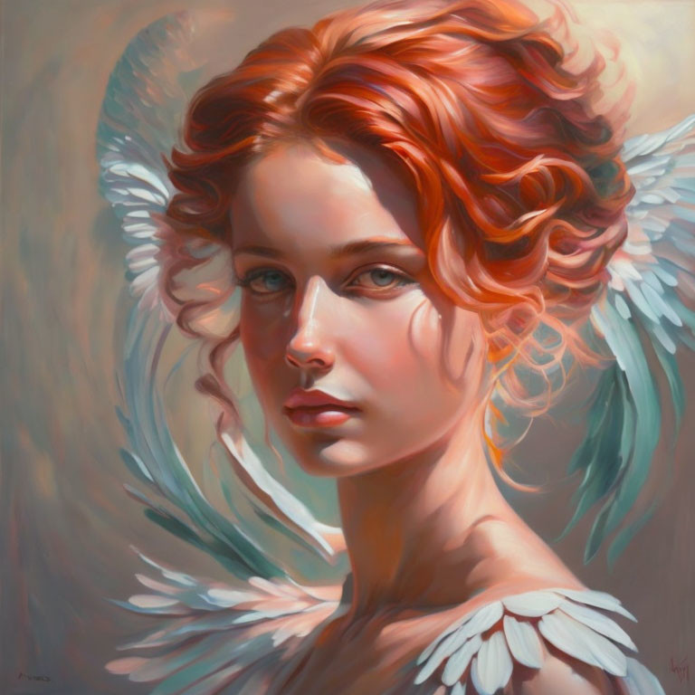 Portrait of young woman with angelic wings and red hair.