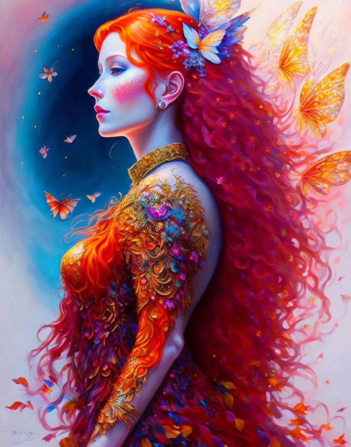 Illustration of woman with red hair in butterfly-themed attire