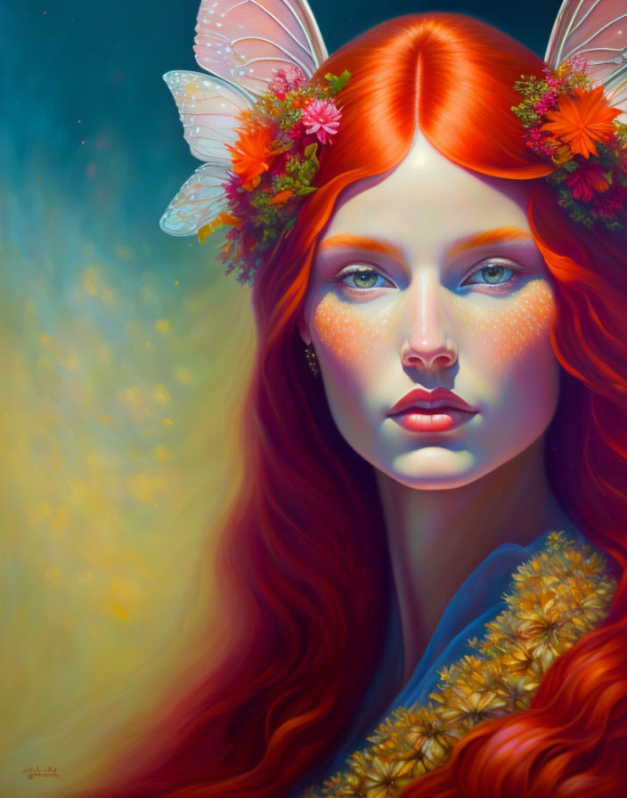 Mythical woman with red hair, floral crown, and butterfly wings portrait