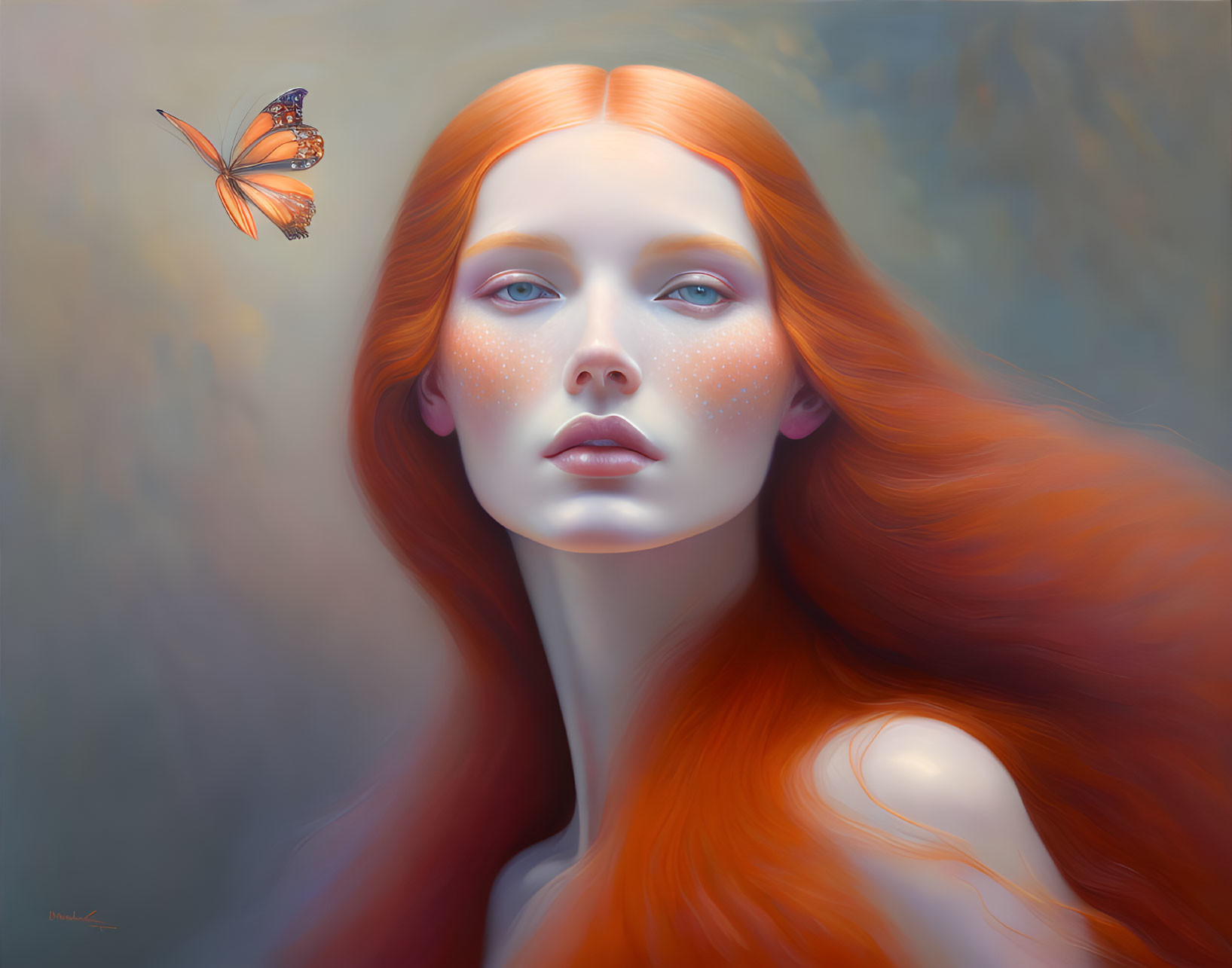 Portrait of woman with red hair, freckles, and butterfly