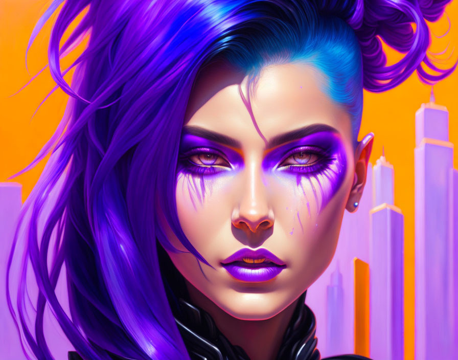 Purple-skinned woman with striking makeup in digital artwork