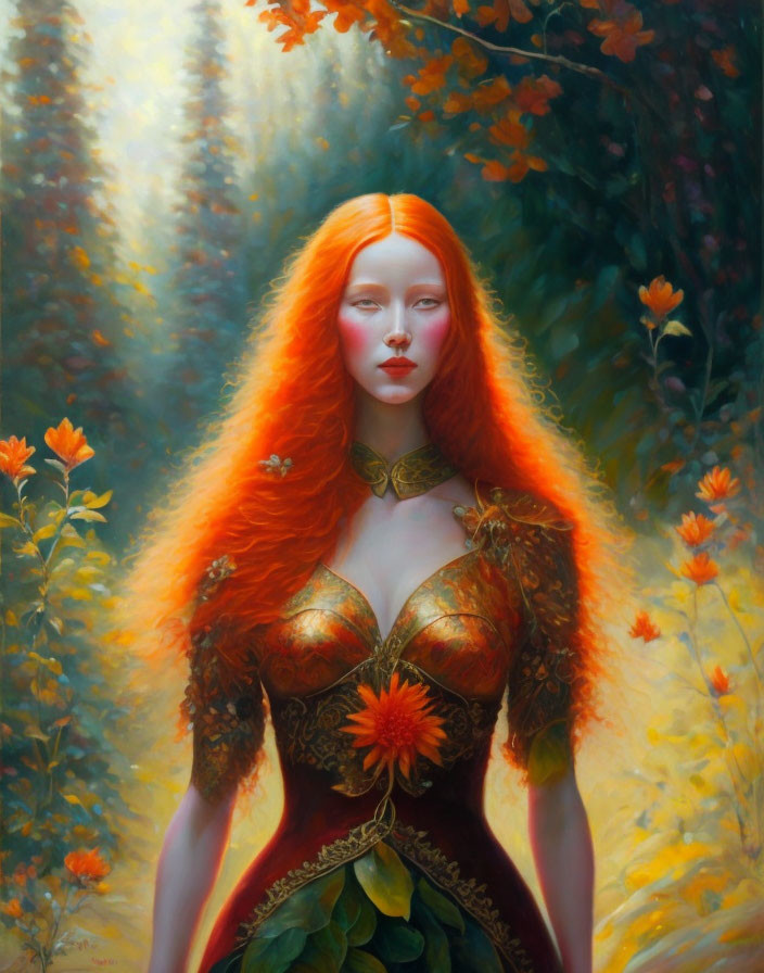 Vibrant red-haired woman in mystical forest