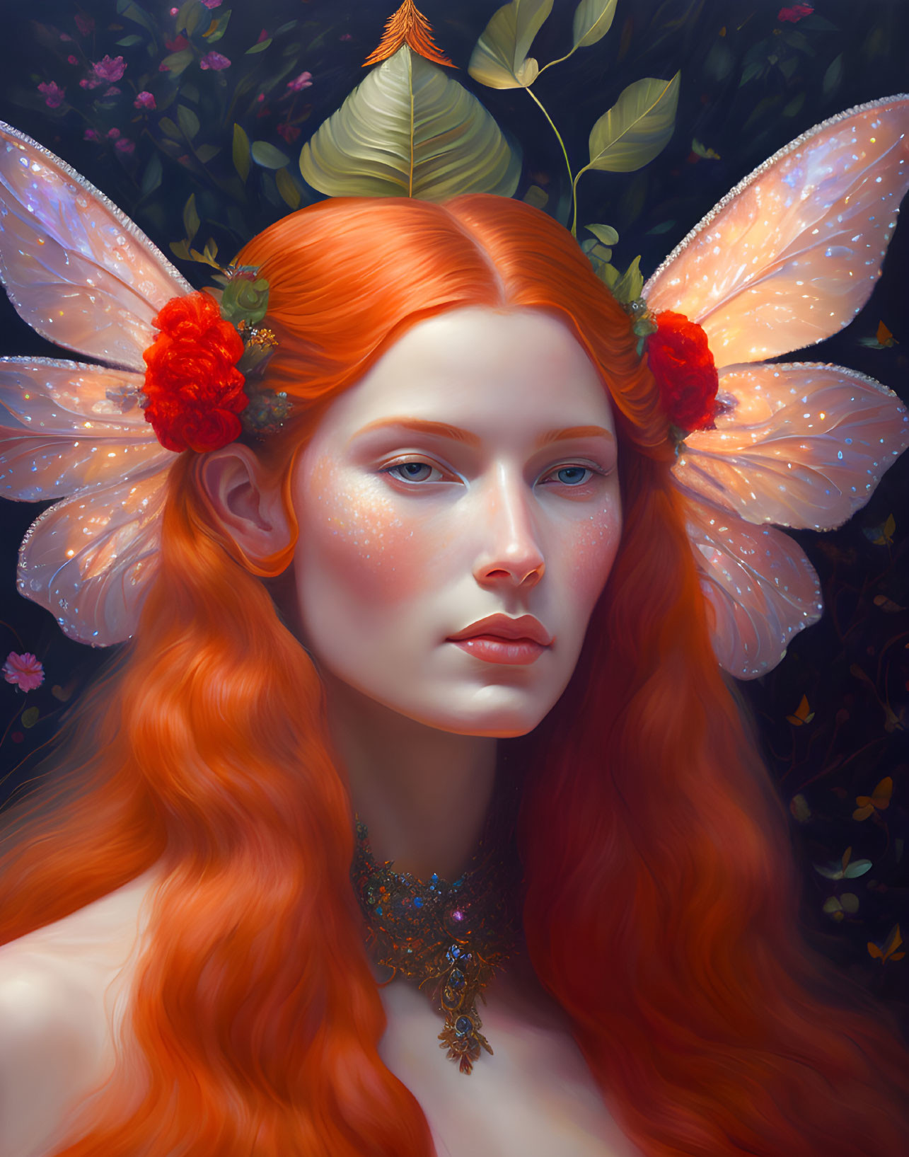 Red-haired woman with butterfly wings and floral adornments in portrait.