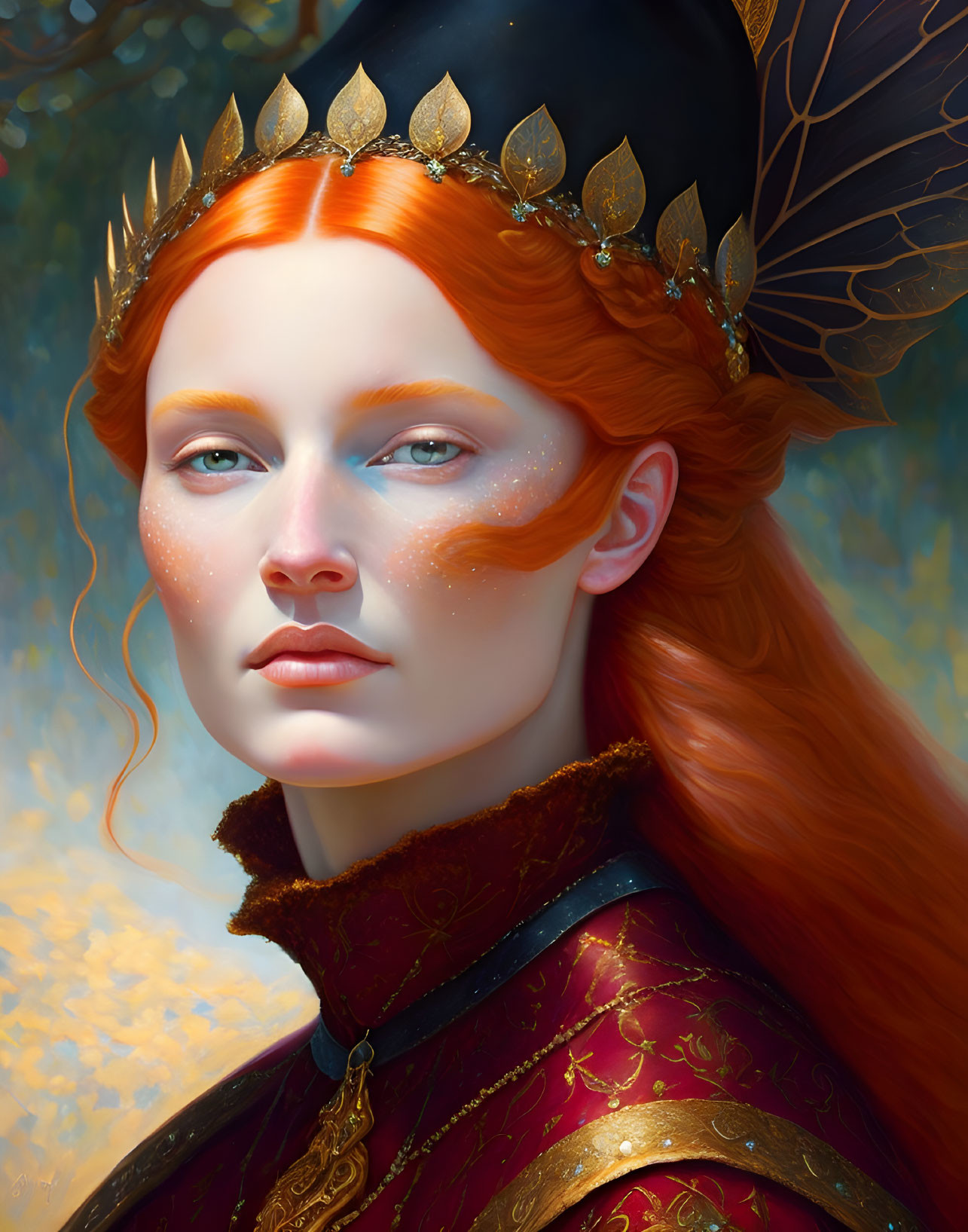 Regal woman with fiery red hair in ornate gold crown portrait.