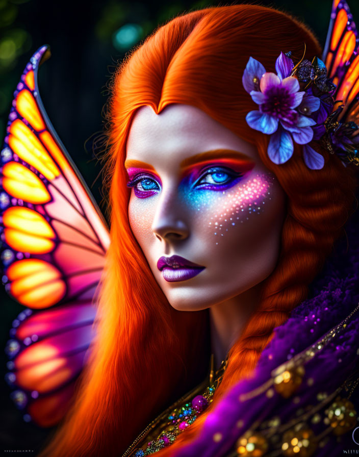 Colorful portrait of person with orange hair, butterfly wings, blue eyes & floral makeup