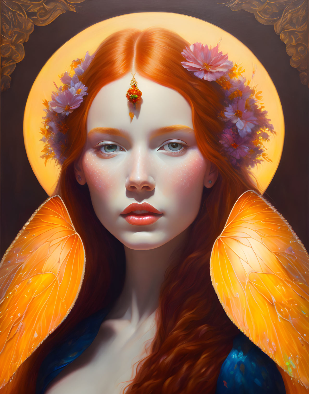 Portrait of woman with red hair, golden halo, butterfly wings, flowers, and decorative forehead piece