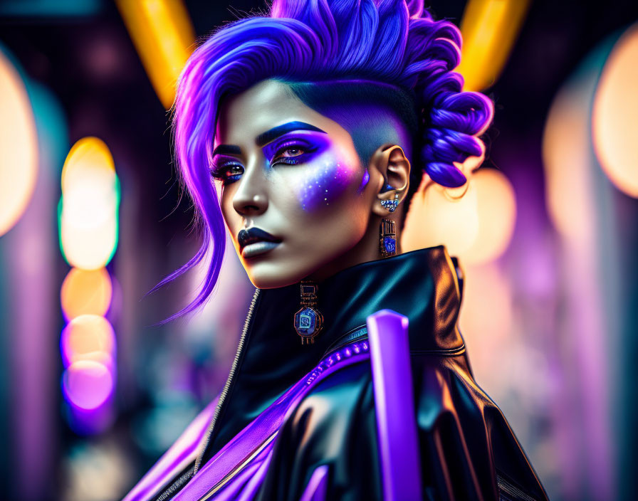 Vibrant purple hair portrait with glowing makeup and edgy attire