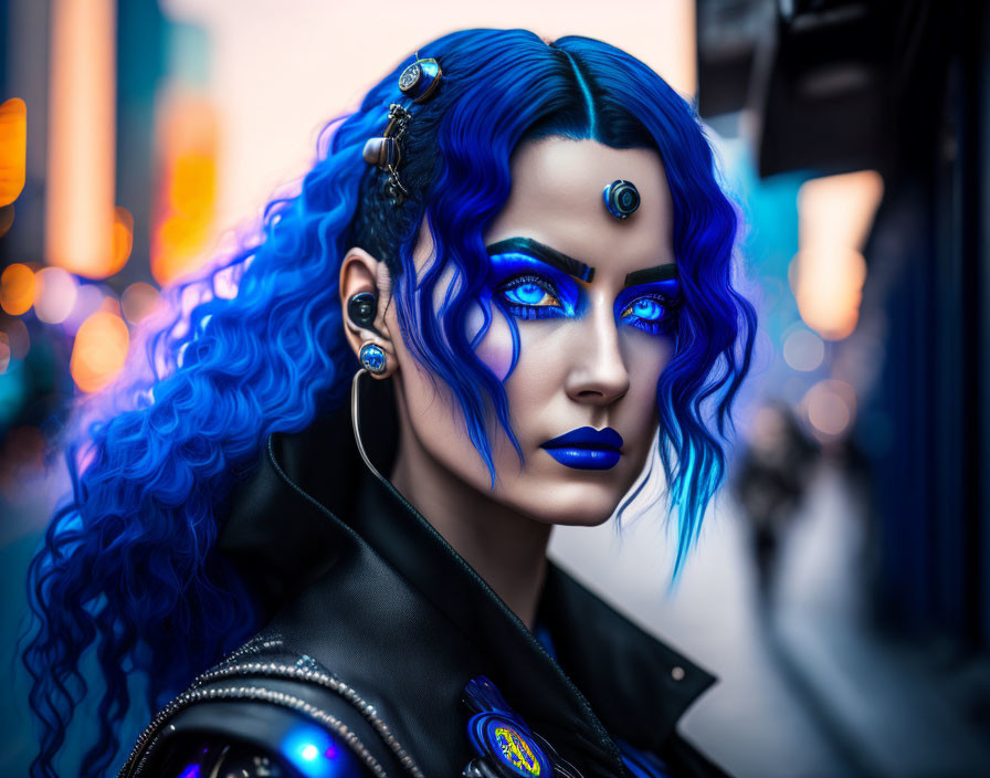 Vibrant blue hair and makeup woman in cyberpunk attire against urban backdrop