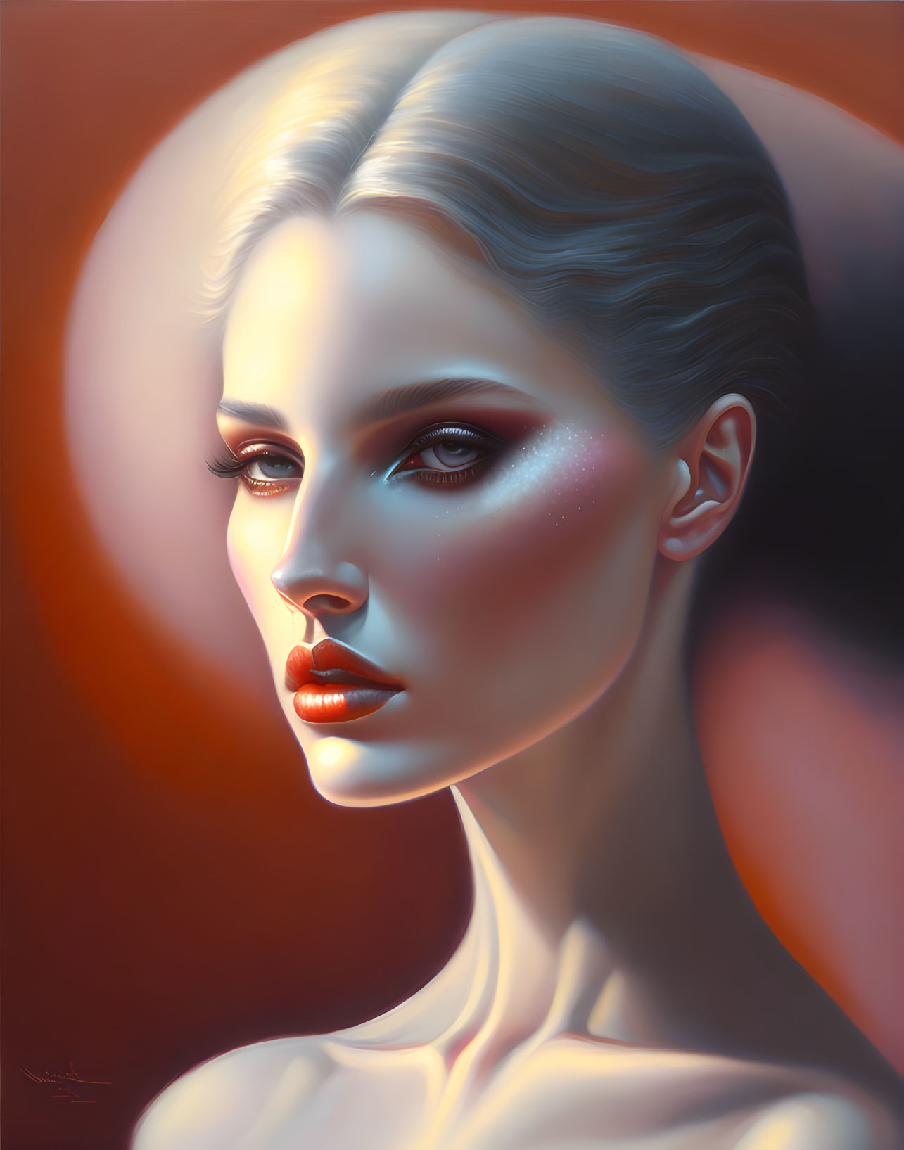 Digital painting of woman with porcelain skin and striking red lips