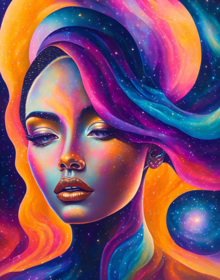 Colorful artwork of woman with galaxy-themed hair and skin in blue, purple, and orange hues