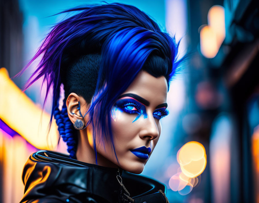 Colorful portrait of woman with electric blue hair and makeup in dark clothing against urban night backdrop