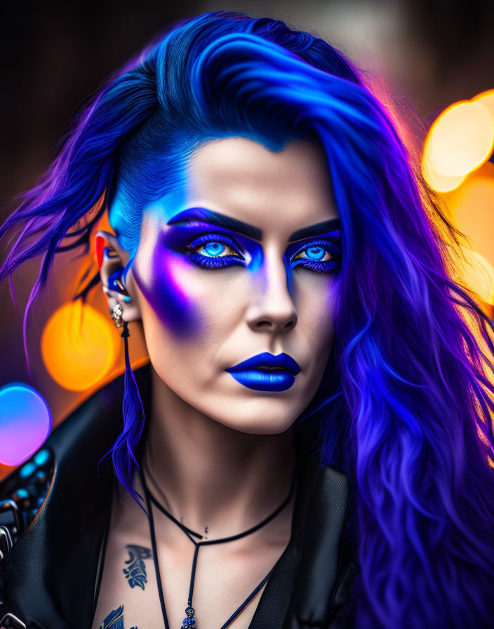 Vibrant blue hair woman portrait with warm bokeh lights