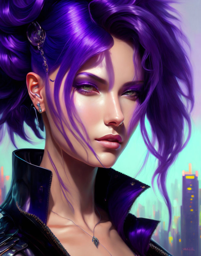 Vibrant Purple Hair Woman Portrait with Futuristic Earrings